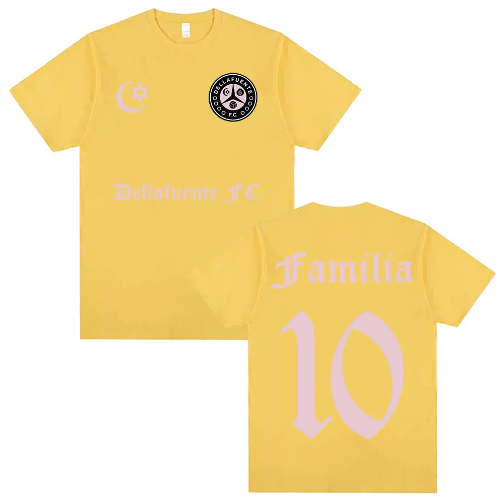 Yellow casual cotton short sleeve t shirt with pink rapper dellafuente album letters print for hip hop streetwear