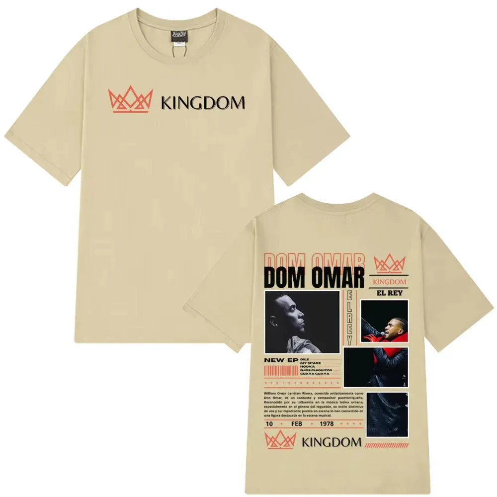 Beige cotton short-sleeved t-shirt with rapper Don Omar album print and gothic punk loose fit for casual hip-hop fans