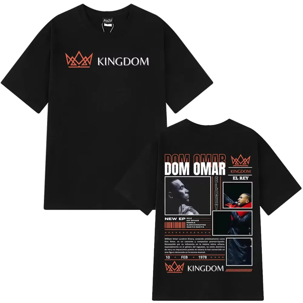Black short-sleeved cotton t-shirt featuring rapper don omar album print with orange white text crown logos gothic punk loose style
