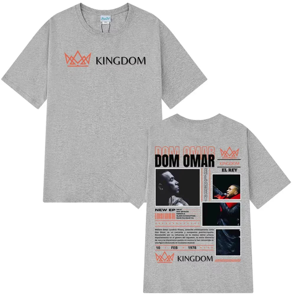 Gray cotton t-shirt with rapper don omar album print featuring orange black text crown logos and two photos on the back