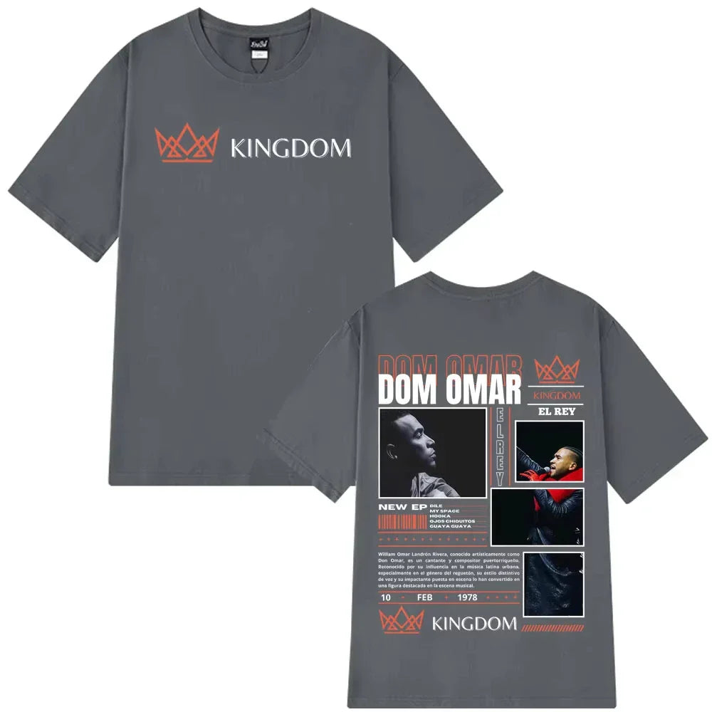 Gray short-sleeved cotton t-shirt with rapper Don Omar album print and kingdom logo in gothic punk loose style