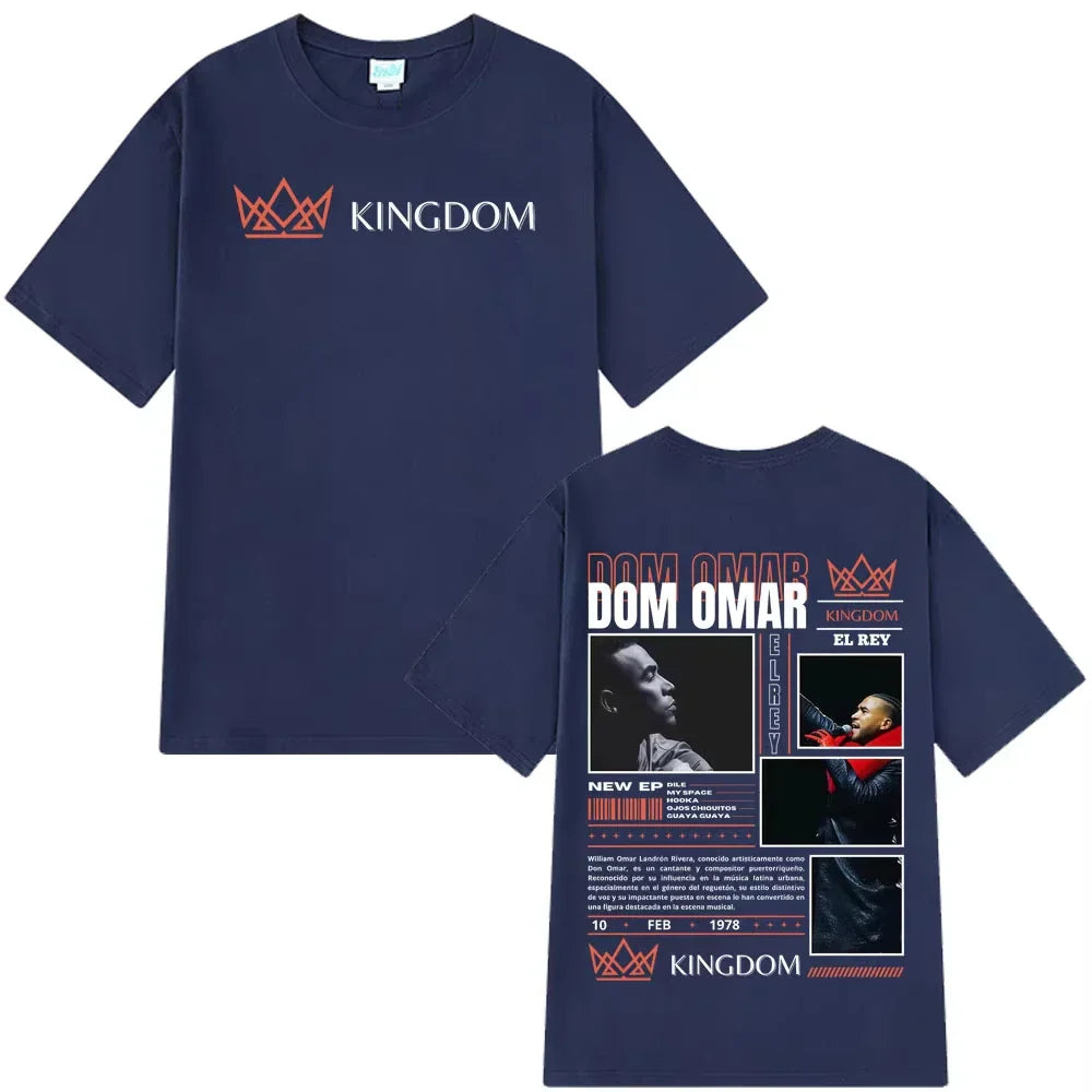 Navy blue cotton short-sleeved t-shirt with rapper don omar album print featuring gothic punk loose style design