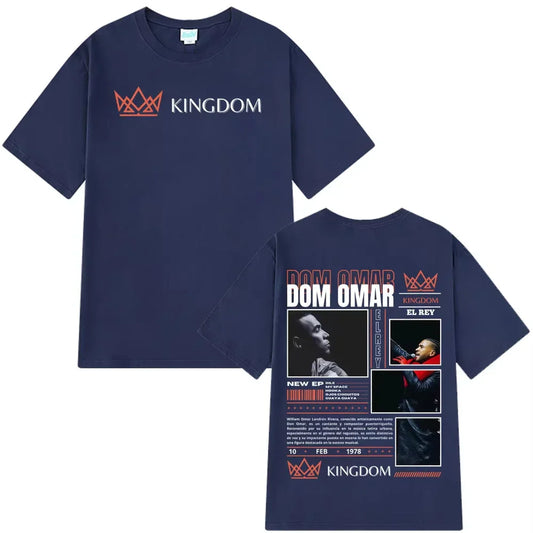 Navy blue cotton short-sleeved t-shirt with rapper don omar album print featuring gothic punk loose style design
