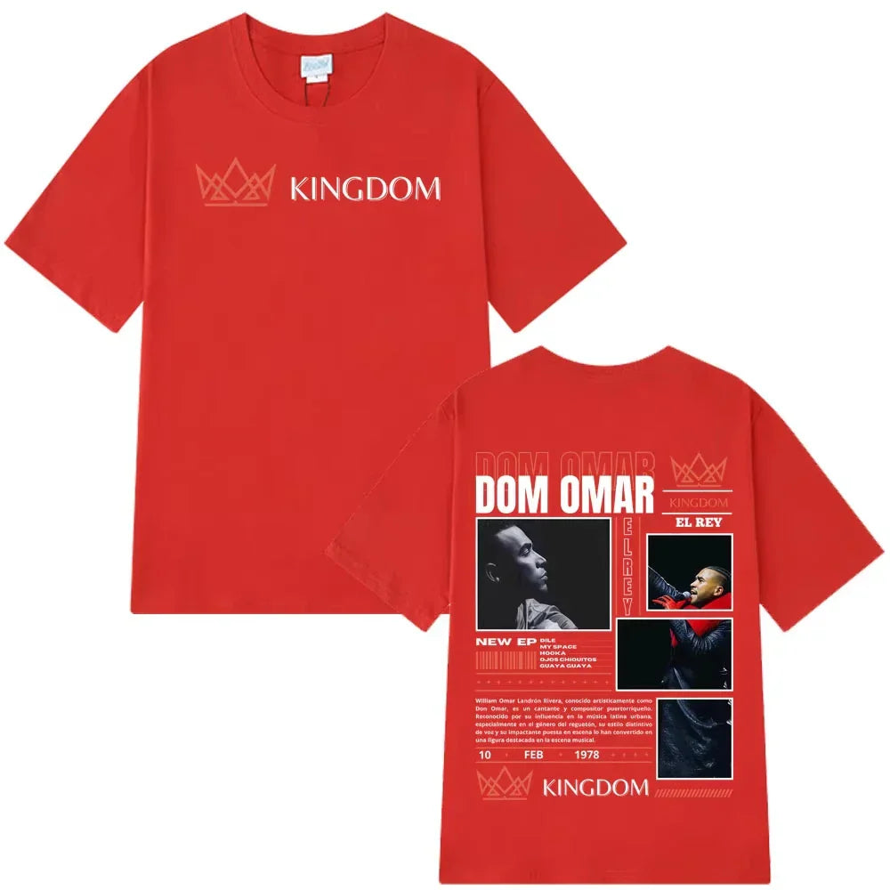 Red short-sleeved cotton t-shirt with rapper don omar album print and gothic punk loose style for casual hip-hop fashion