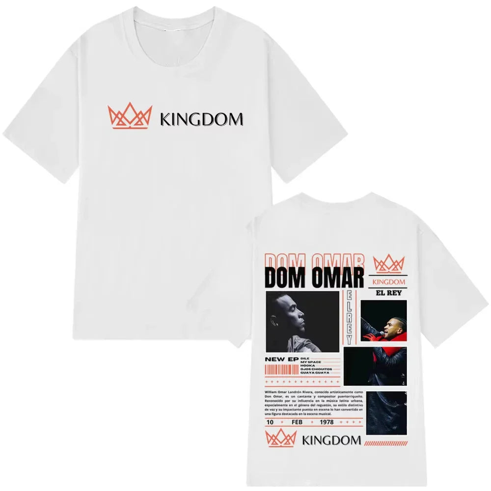 White cotton t-shirt featuring rapper don omar album print with orange and black text crown logos gothic punk loose style