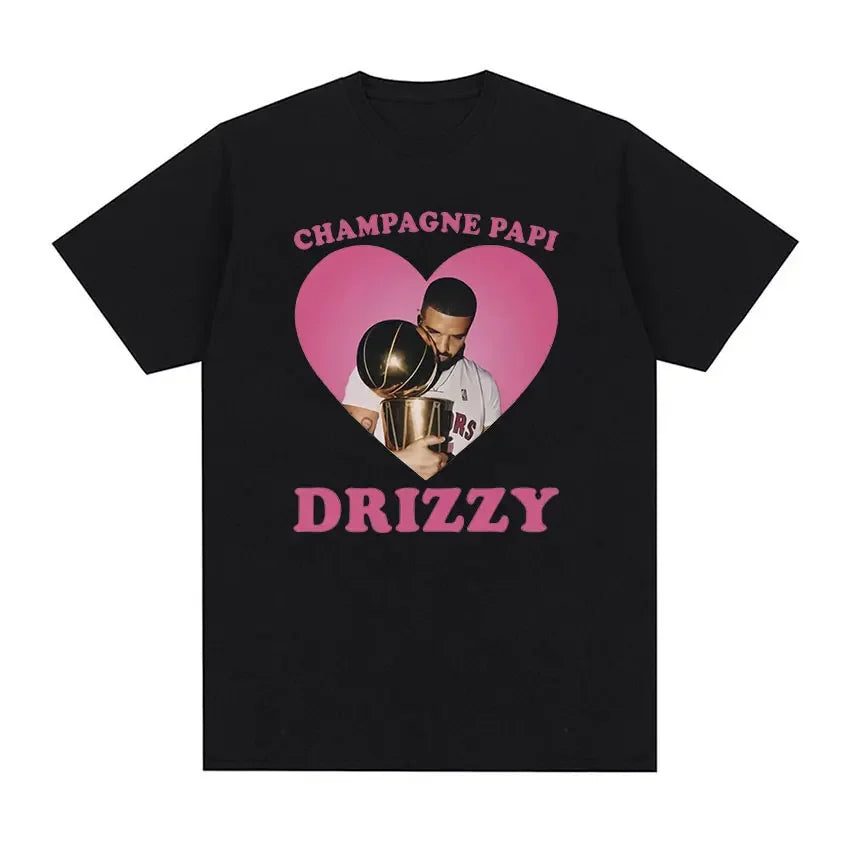 Black short-sleeved t-shirt featuring a pink heart graphic of rapper drake with champagne papi and drizzy text hip hop fashion certified lover boy