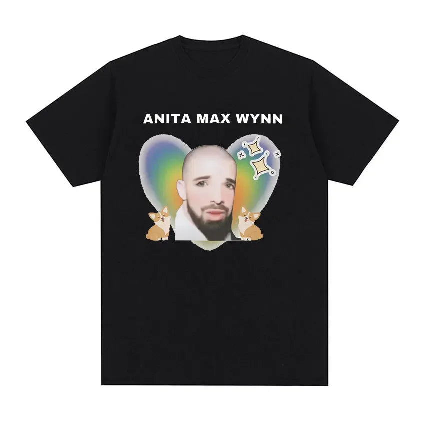 Black cotton t-shirt featuring rapper drake graphic with two corgis and rainbow heart print for hip hop fashion certified lover boy fans
