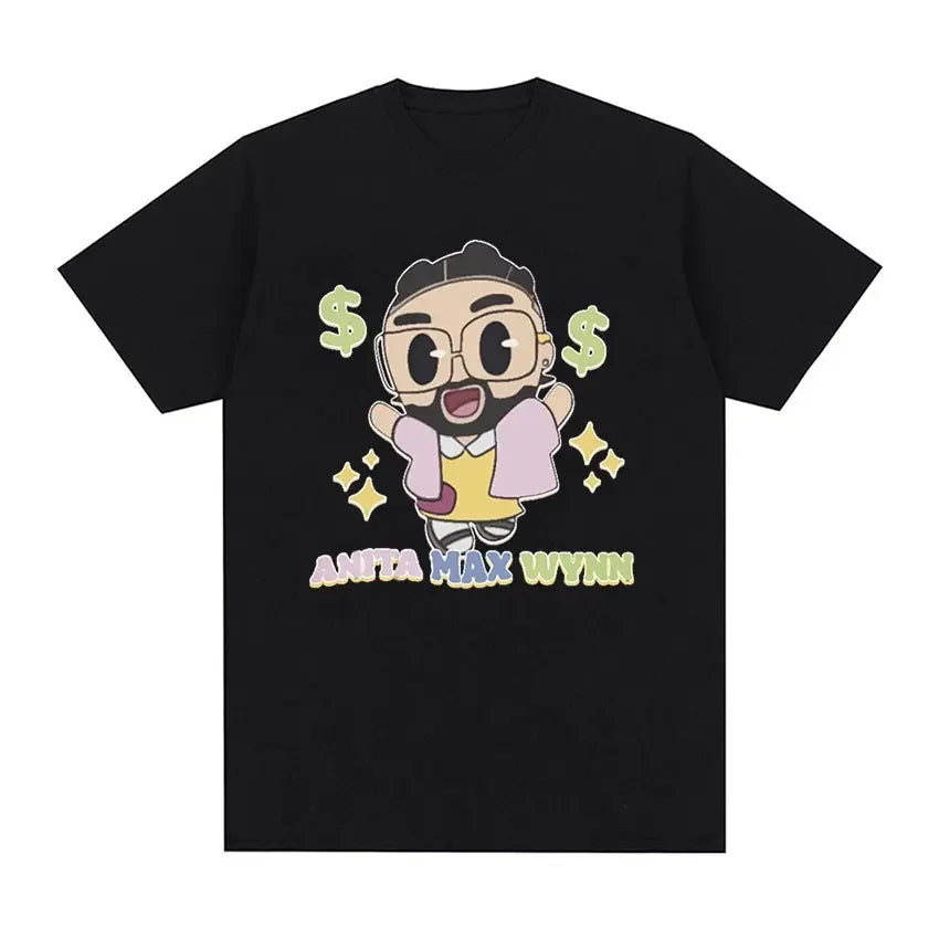 Black short-sleeved t-shirt featuring rapper drake cartoon graphic with dollar signs for certified lover boy hip hop fashion