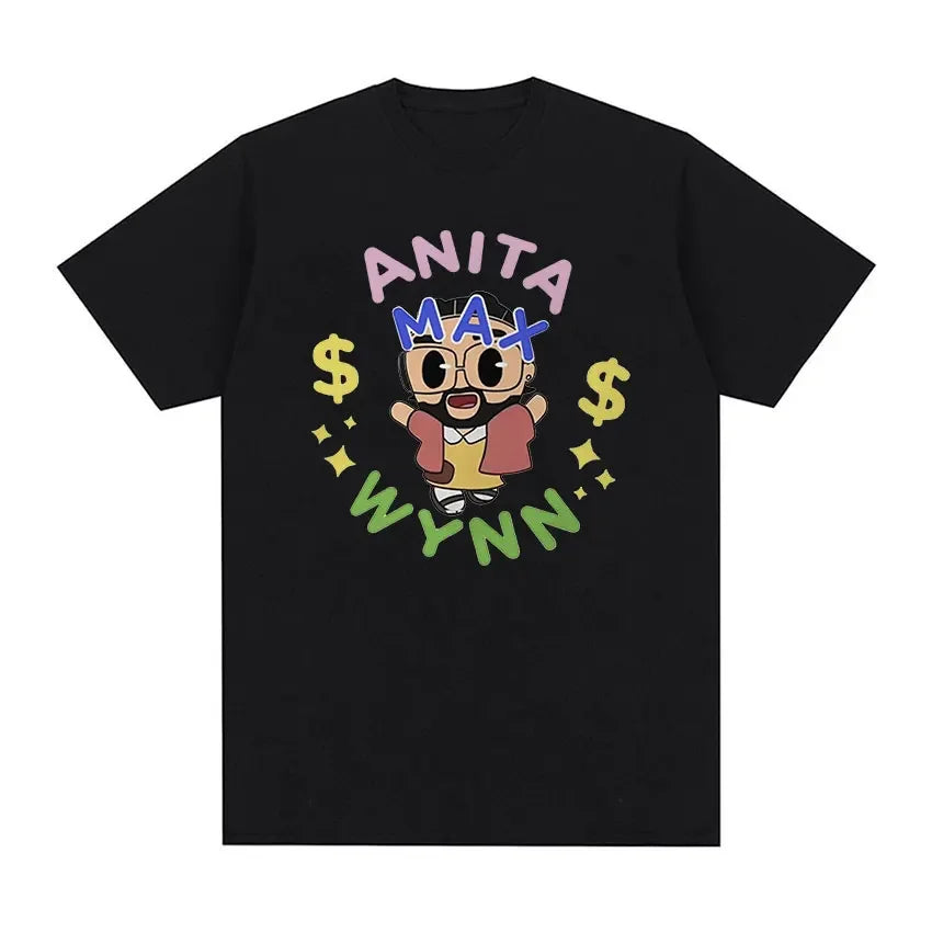 Black short-sleeved t-shirt featuring colorful anita max wynn cartoon with dollar signs for certified lover boy hip hop fashion