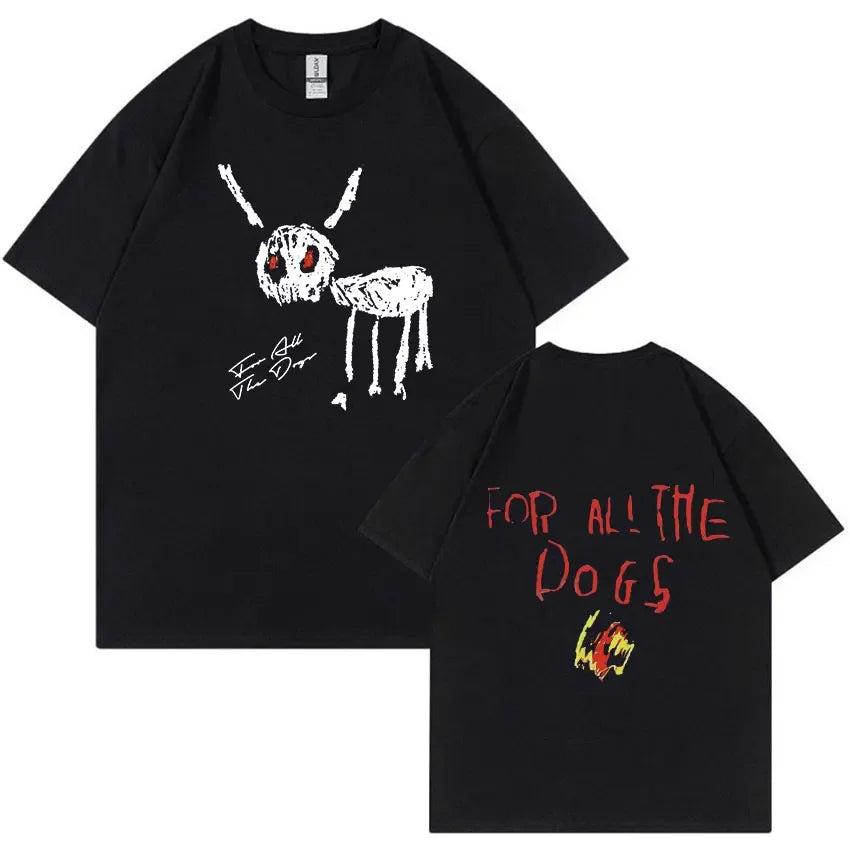 Black short-sleeved hip hop fashion t-shirt with white skeletal rabbit graphic and certified lover boy red lettering on back