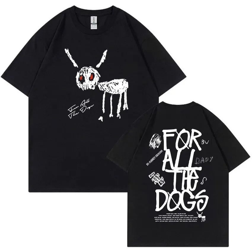 Black short-sleeved unisex t shirt with skeletal rabbit graphic red eyes and for all the dogs text on back for certified lover boy hip hop fashion