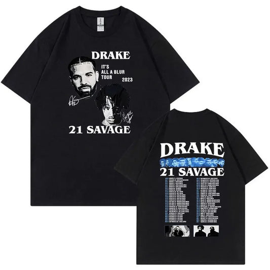 Black cotton t-shirt featuring graphic prints of Drake and 21 Savage with certified lover boy album tour details, hip hop fashion