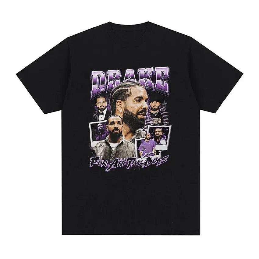 Black short-sleeved unisex t-shirt with purple drake graphic for all the dogs text lover boy album hip hop fashion design