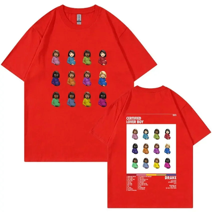 Red cotton t-shirt featuring colorful emoji grid and certified lover boy album art on the back hip hop fashion tee