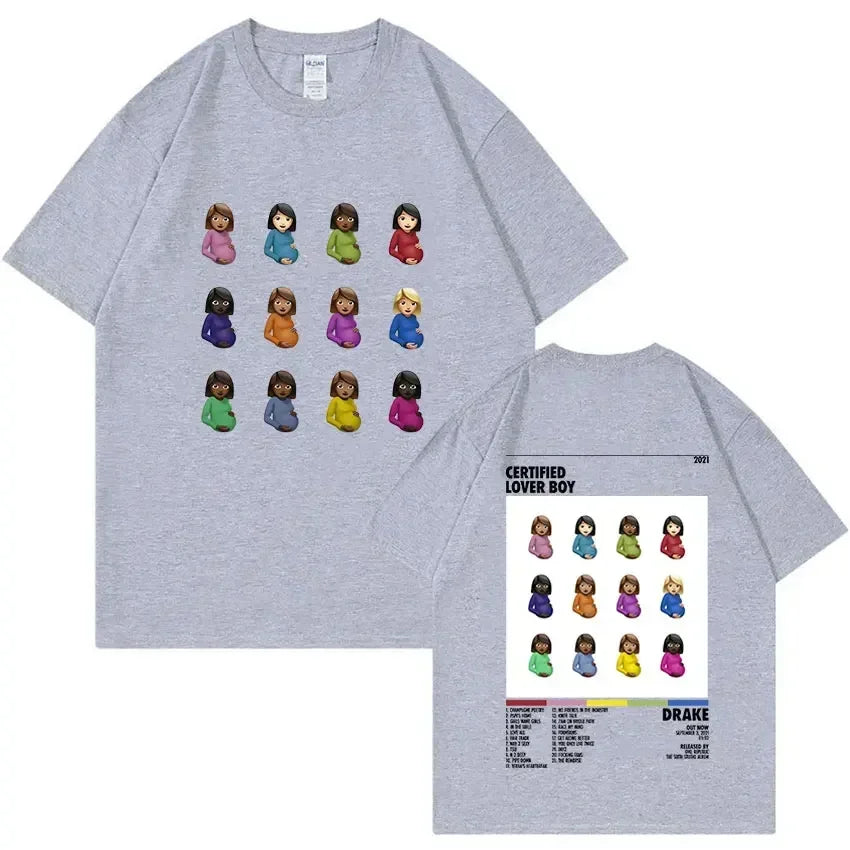 Gray cotton unisex t shirt featuring colorful pregnant emoji grid from drake certified lover boy album hip hop fashion design