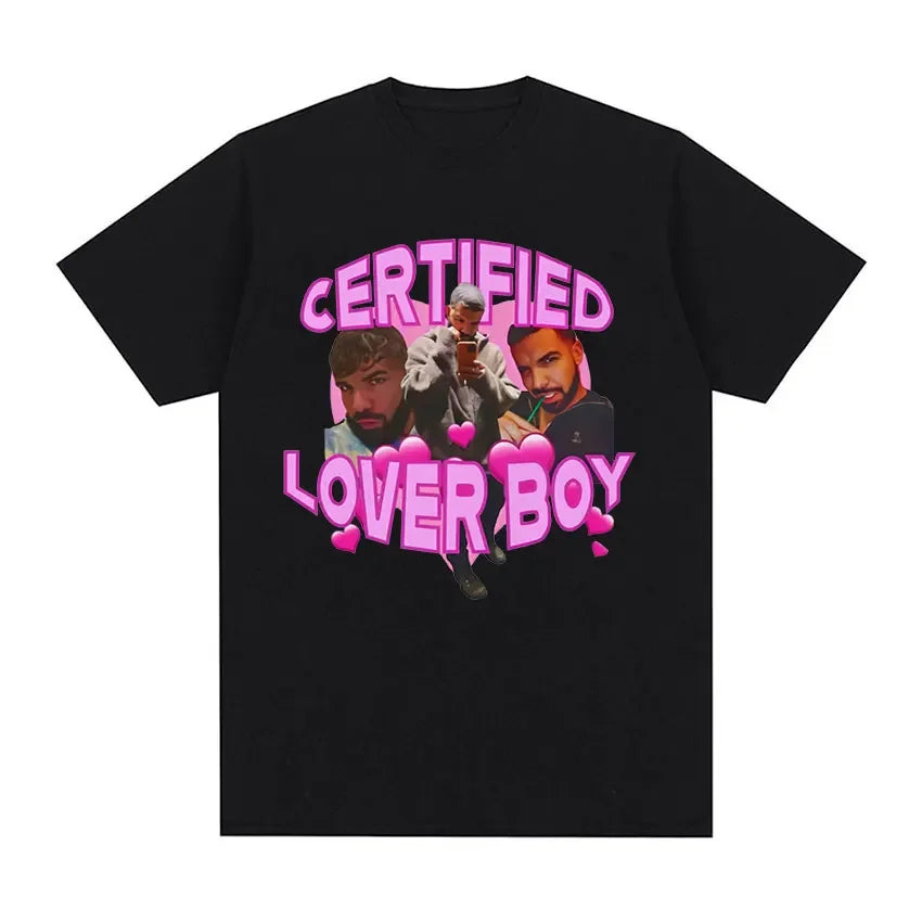 Black cotton unisex t-shirt with vibrant pink certified lover boy album graphic featuring two men, ideal for hip hop fashion