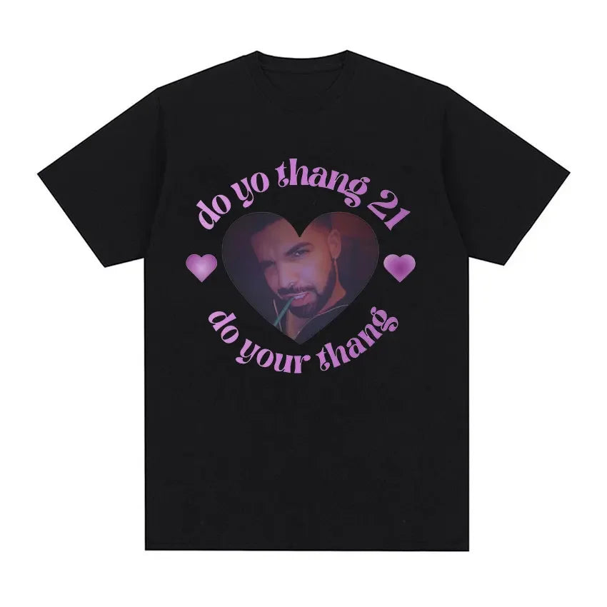 Black t-shirt featuring a heart-shaped drake portrait and pink do yo thang 21 text for certified lover boy hip hop fashion