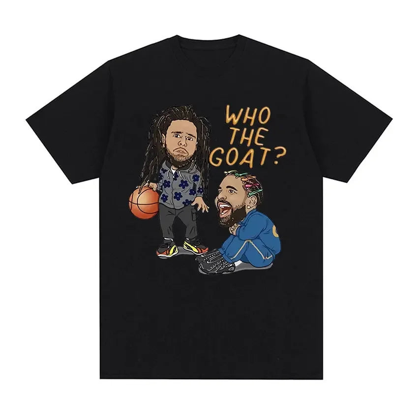 Black short-sleeved certified lover boy t-shirt with cartoon basketball players and gold who the goat text hip hop fashion