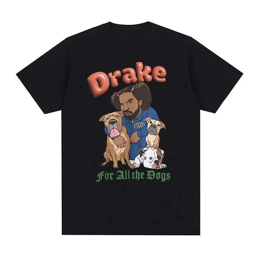 Black short-sleeved t-shirt featuring certified lover boy cartoon drake with three dogs and hip hop fashion text print