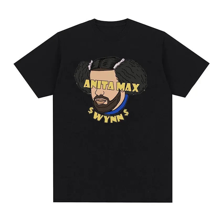 Black short-sleeved t shirt featuring drake cartoon and anita max text for certified lover boy album hip hop fashion