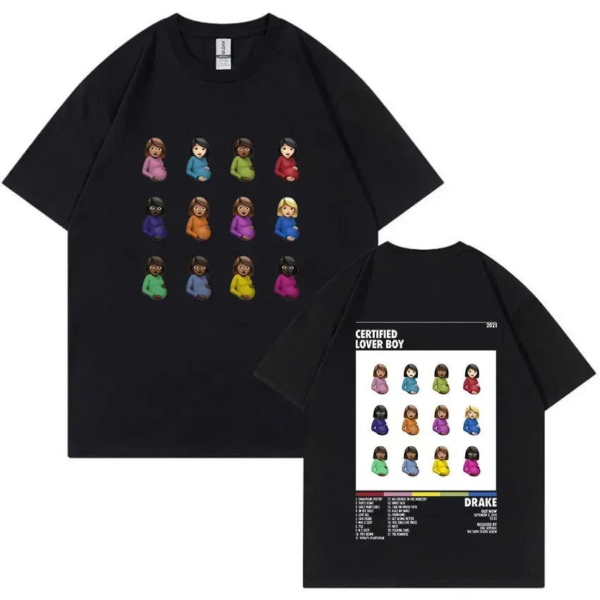 Black short-sleeved unisex t-shirt featuring colorful emoji pregnant women grid from drake certified lover boy hip hop fashion