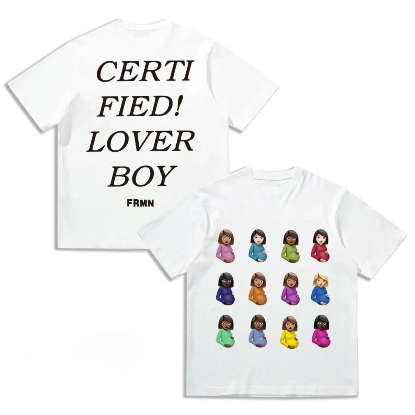 White cotton oversized unisex t-shirt with colorful pregnant emoji grid and black certified lover boy text on back