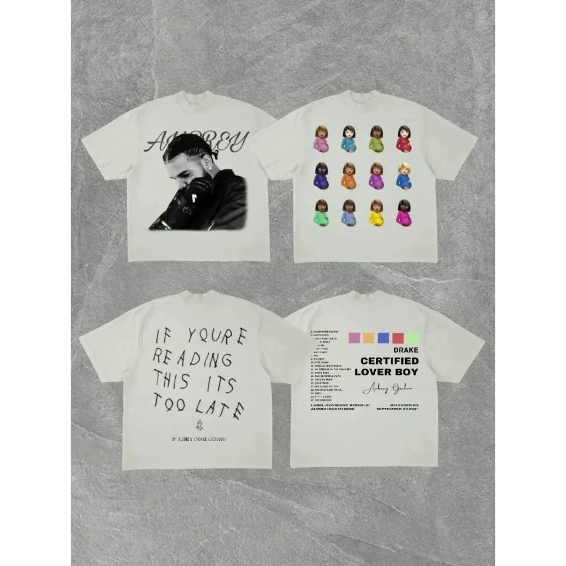 White cotton oversized t-shirt featuring drake certified lover boy portrait front and colorful lover boy album back print