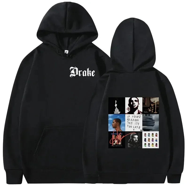 Black hoodie featuring white drake lettering front and hip hop vintage album collage back warm pullovers y2k style