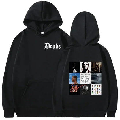 Black hoodie featuring white drake lettering front and hip hop vintage album collage back warm pullovers y2k style