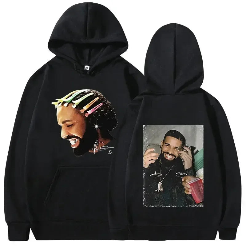 Black hoodie with colorful rapper drake music graphic and smaller back print warm pullovers y2k hip hop vintage style