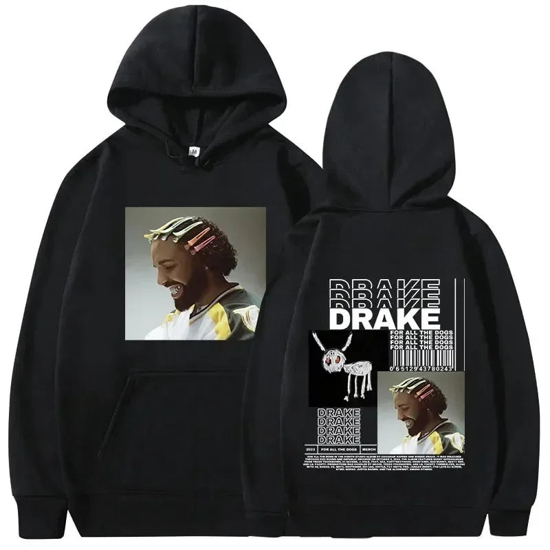 Black hoodie with rapper drake music graphic print front and back featuring hip hop vintage bold text warm pullovers y2k