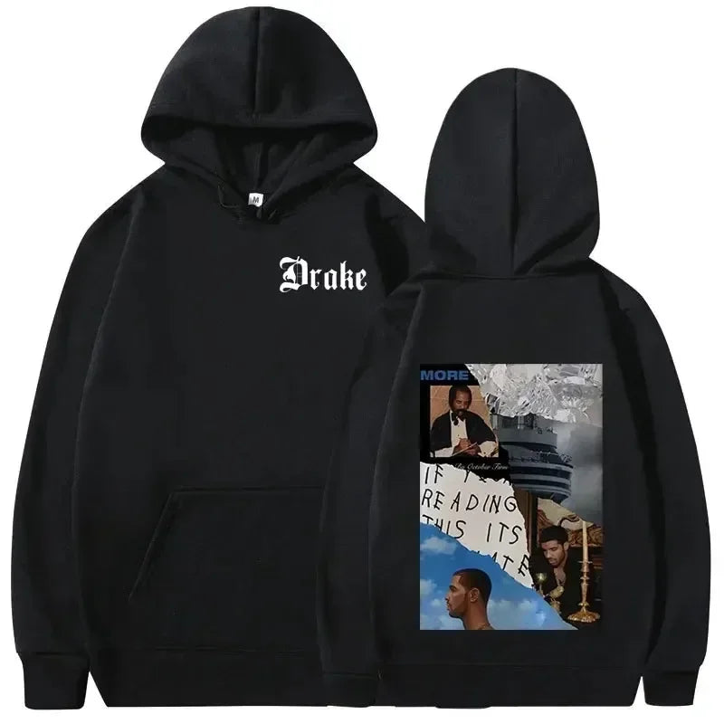 Black hoodie featuring a white drake logo front and collage album art back perfect for warm pullovers y2k hip hop vintage style