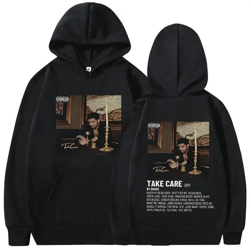 Black hoodie featuring rapper drake music take care album cover print with title and tracklist warm pullovers y2k hip hop vintage