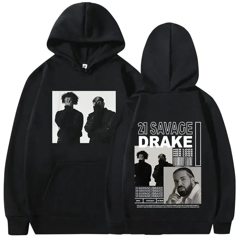 Black hoodie featuring rapper drake music graphic with bold white text and barcode design for hip hop vintage warm pullovers y2k