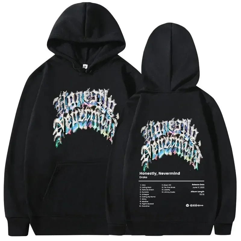 Black hoodie with vibrant graffiti style rapper drake music honesty nevermind graphic and album tracklist warm pullovers y2k