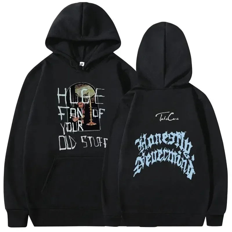 Black hoodie with rapper drake music album cover graphic print and light blue lettering, warm pullovers y2k hip hop vintage style