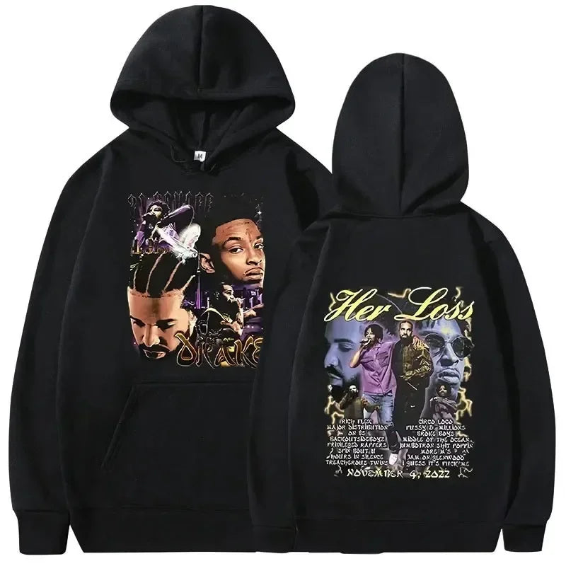 Black hoodie with rapper drake music graphic print and her loss text dated november 9 2022 warm pullovers y2k