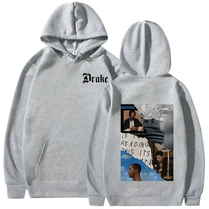 Gray fleece warm pullover y2k with black drake logo front and hip hop vintage drake music album graphic back view