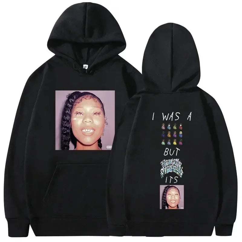 Black hoodie with a woman portrait print front and text design back featuring smaller portraits warm pullovers y2k hip hop vintage