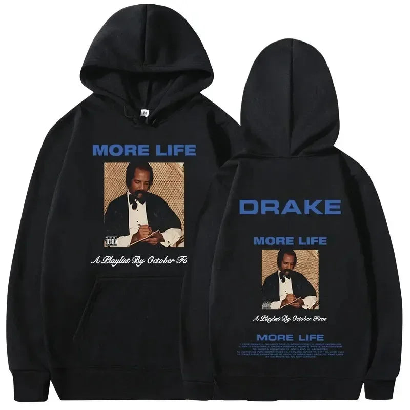 Black hoodie featuring rapper drake music album cover graphic with blue text warm pullovers y2k hip hop vintage style