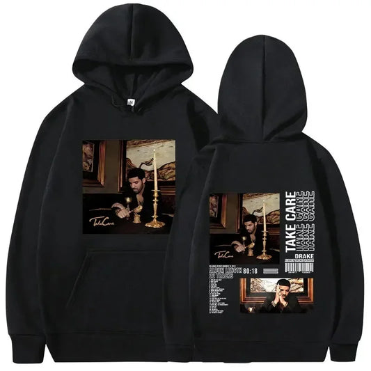 Black hoodie with rapper drake music album cover graphic, gold candlesticks, white text on back, warm pullovers y2k style