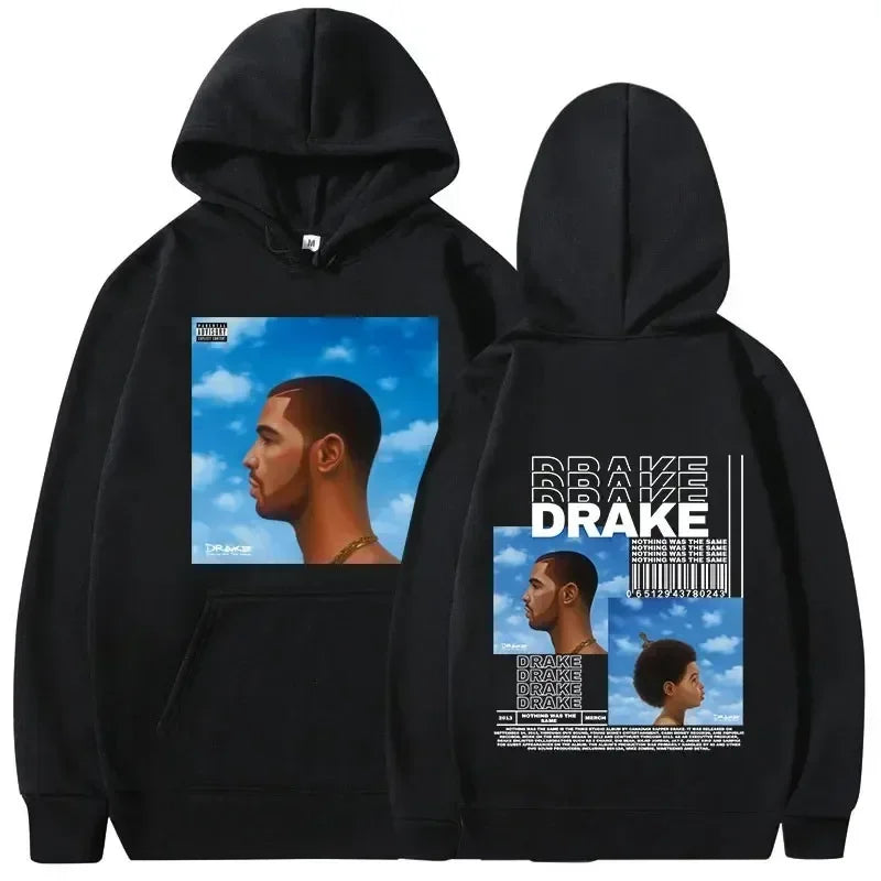 Black hoodie featuring rapper drake music album cover graphic front and back for hip hop vintage warm pullovers y2k style