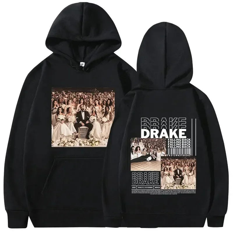 Black hoodie featuring a sepia photo of rapper drake at his wedding with barcode design warm pullovers y2k hip hop vintage