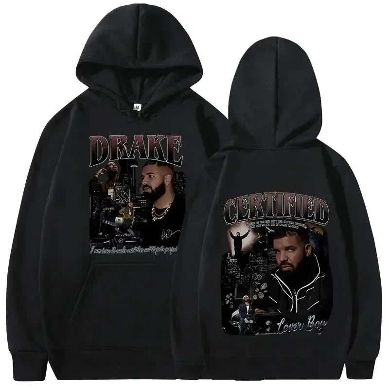 Black hoodie with drake graphic print and text draye certified designed as warm pullovers y2k hip hop vintage fan merch