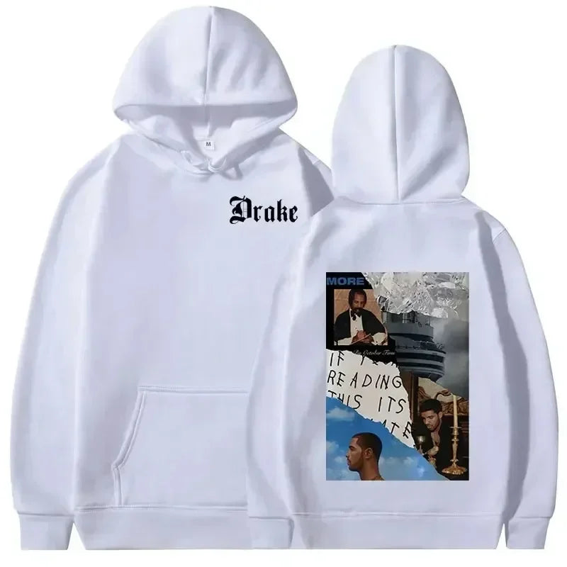 White hoodie with black drake logo front and rap album cover collage back warm pullovers y2k hip hop vintage style