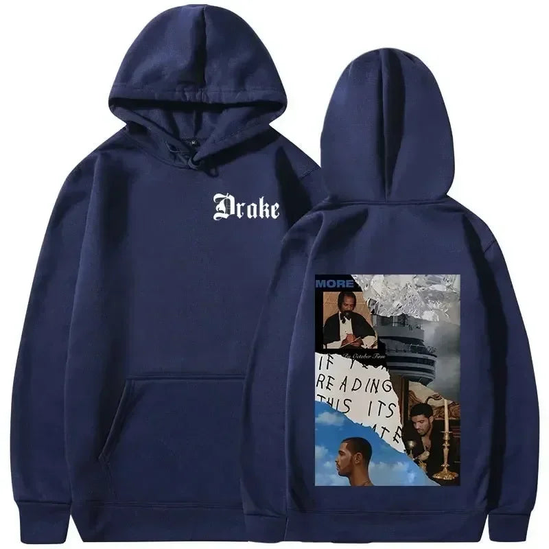 Navy blue hoodie with white drake logo front and detailed drummer album art back for hip hop vintage warm pullovers y2k
