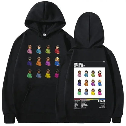 Black hoodie with colorful emoji pregnant women grid front and rapper drake music album cover back warm pullovers y2k