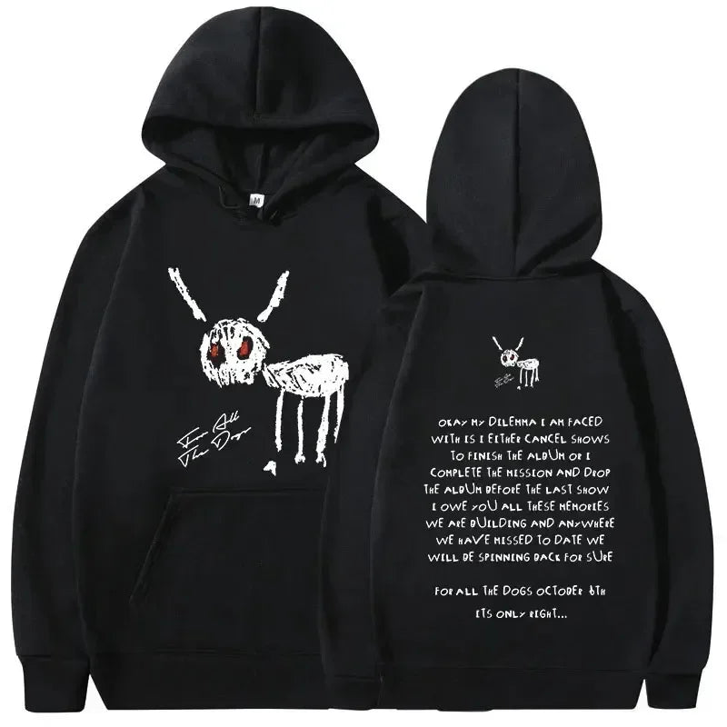 Black hoodie with white skeletal rabbit graphic red eyes and handwritten text on back warm pullovers y2k hip hop vintage