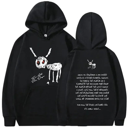 Black hoodie with white skeletal rabbit graphic red eyes and handwritten text on back warm pullovers y2k hip hop vintage