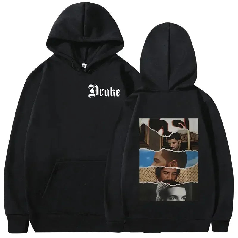 Black hoodie with white drake logo front and torn-paper collage back in warm pullovers y2k hip hop vintage style
